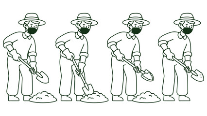 Illustration of male farmer digging soil with shovel wearing face mask for health safety. © jubayer71