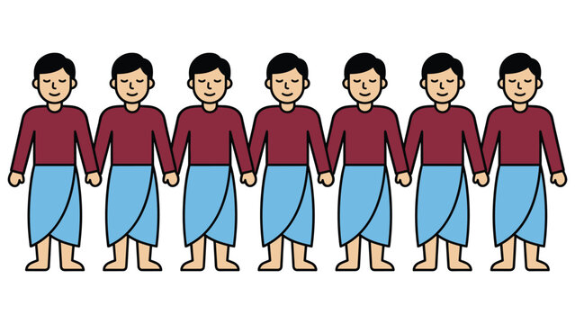 Vector illustration of young men holding hands wearing maroon shirts and blue lungi wraps.