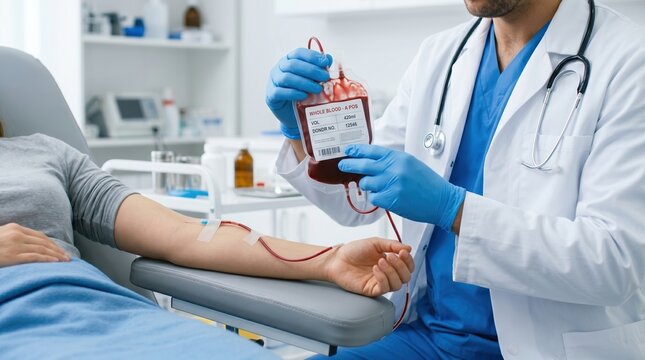 A person receives a blood transfusion in a hospital. Medical staff checks the blood type and connects the blood bag to the patient's arm. The setting is a treatment room with medical equipment