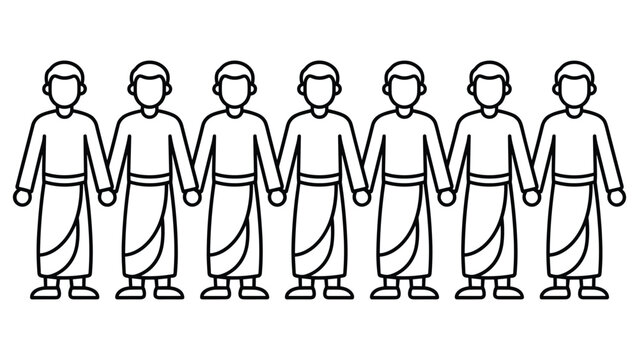 Black and white line art of group of men holding hands wearing traditional wrap garments.