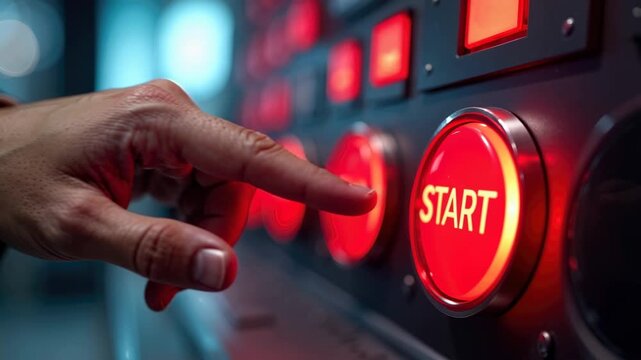 Close-up of a hand pressing a glowing red start button on a control panel. Businessman activating an industrial machine or system. Technology and automation concept