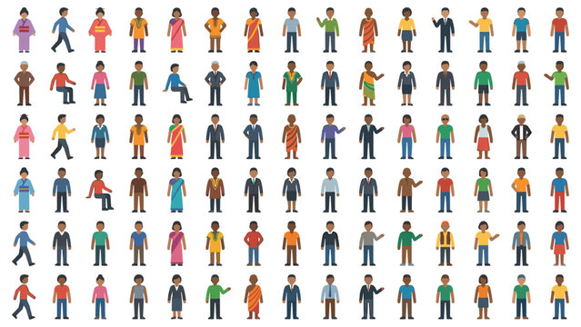 Grid of flat people avatars with different skin tones and clothing styles vector graphics.