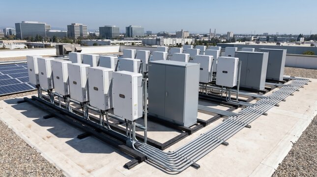 Rooftop energy equipment with solar inverters and battery cabinets