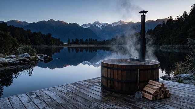 Wood-fired hot tub beside still mountain lake with dawn steam