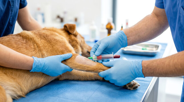 Two veterinary staff members perform a blood draw on a dog at a clinic. The dog lies on a table as they carefully collect the sample