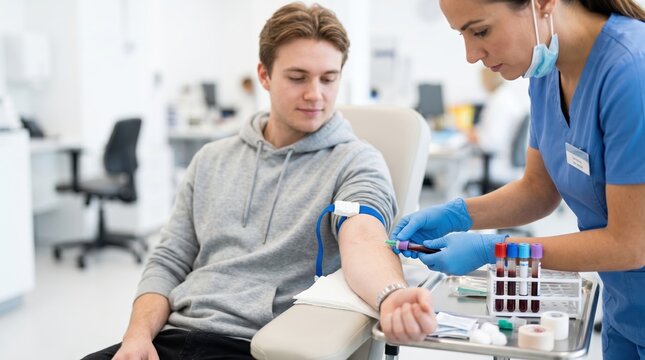 A young man sits in a chair while a nurse prepares to take a blood sample. The donation center has several workstations and medical equipment in the background. It is a weekday morning