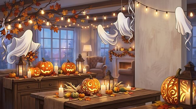 Ghostly Halloween party decorations adorn a cozy autumnal indoor setting with pumpkins and candles
