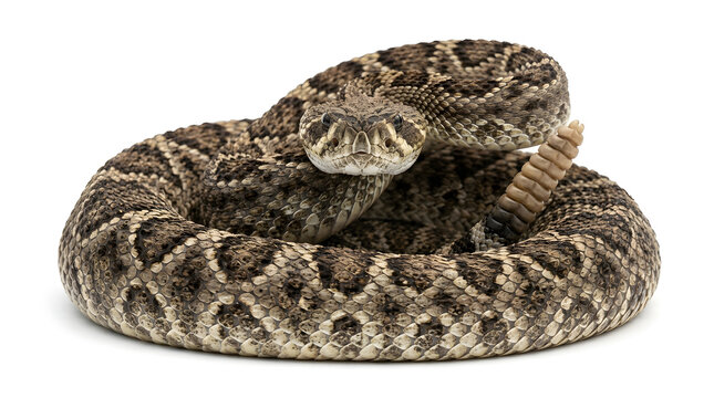 Diamondback Rattlesnake coiled on white background, venomous reptile