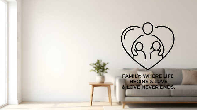 Black line art family icon with text on a white wall above a blurred living room sofa and a small wooden side table with a green plant