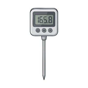 Meat thermometer probe showing a temperature reading in a simple flat vector design for cooking purposes