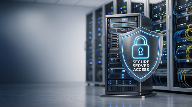 Data center server rack with a glowing digital security shield icon featuring a padlock symbol representing secure server access and protection