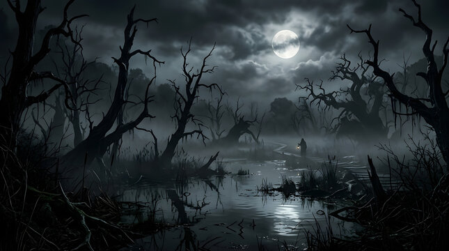Eerie Swamp at Night, Full Moon, Spooky Atmosphere, Silhouette Figure