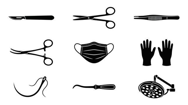 A professional silhouette vector icon set of 9 surgical tools including scalpel, scissors, forceps, clamp, surgical mask, surgical gloves, suture needle, retractor, and operating lamp