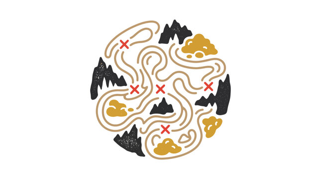 Circular treasure map with mountains and path.