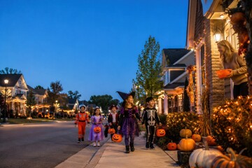 Naklejka premium Happy children in costumes trick or treating on Halloween night in neighborhood.