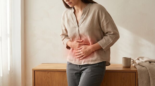 A woman experiencing abdominal pain, holding her stomach with both hands, indicating discomfort or illness.