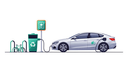 Fototapeta premium Sustainable Transport Illustration with Electric Car Charging from Recycle Bin