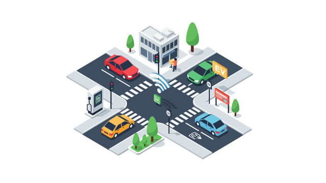 Isometric Smart City Intersection with Electric Vehicles and Charging Infrastructure