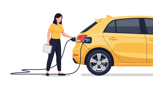 Woman Charging Yellow Electric Car at Charging Station Flat Vector Illustration