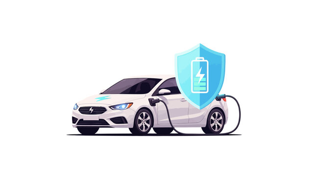 Electric car charging with battery protection shield icon. EV insurance and energy security concept isolated on white background.