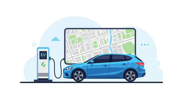 Electric Car Charging at EV Station with City Map Navigation Background Illustration