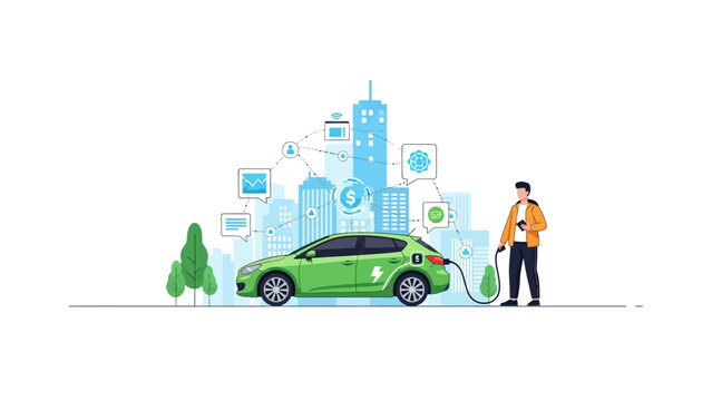 Man Charging Green Electric Car in Connected Smart City Illustration