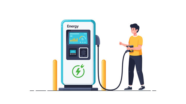 Man Charging Electric Vehicle at Modern Energy Station Flat Vector Illustration