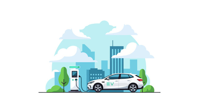 Electric Vehicle Charging at Station in Sustainable Modern City Vector