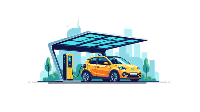 Yellow Electric Car Charging at Solar Power Station Flat Vector Illustration