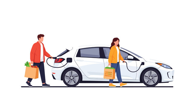 Couple Charging White Electric Vehicle After Grocery Shopping Vector Illustration