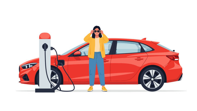 Woman Charging Red Electric Car Vector Illustration