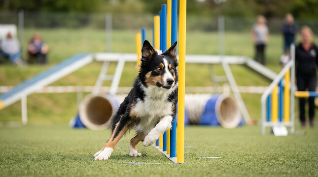 Alert Border Collie dog skillfully navigates agility course with tunnels and poles during outdoor training