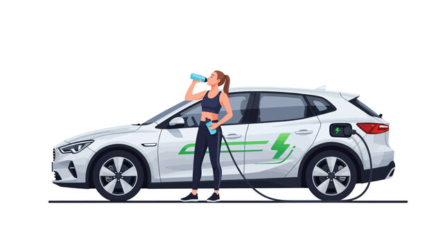 Woman in Sportswear Drinking Water While Charging Electric Car Illustration