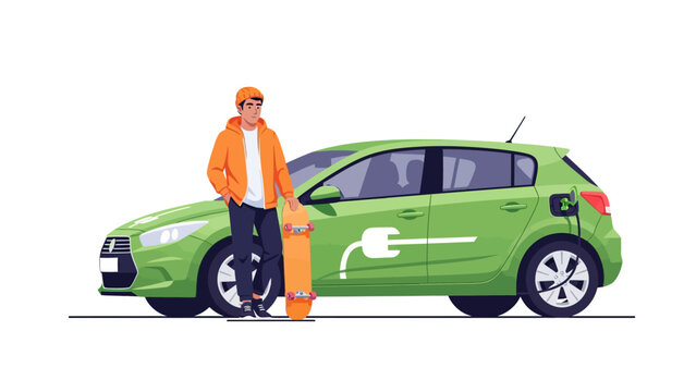 Young Man with Skateboard by Green Electric Car Charging - Eco-Friendly Lifestyle Illustration