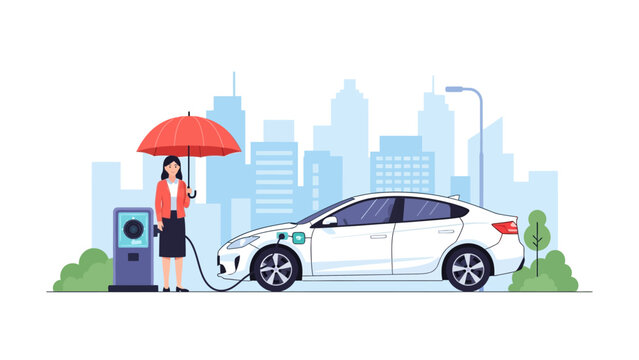 Woman Charging Electric Car in City with Red Umbrella Illustration