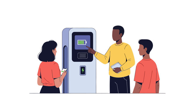 Flat illustration of people using an electric vehicle charging station for sustainable transportation
