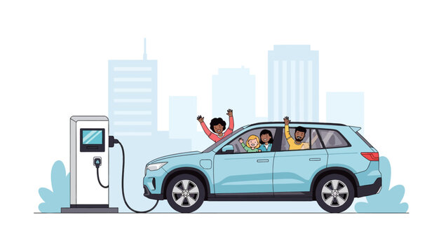 Diverse Family Charging Electric Vehicle in City