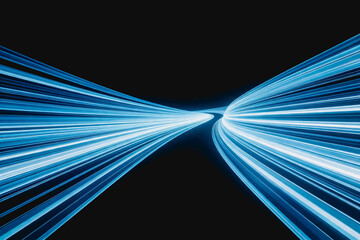 Dynamic glowing blue light streaks curve across a dark background, conveying a sense of high speed and digital motion.