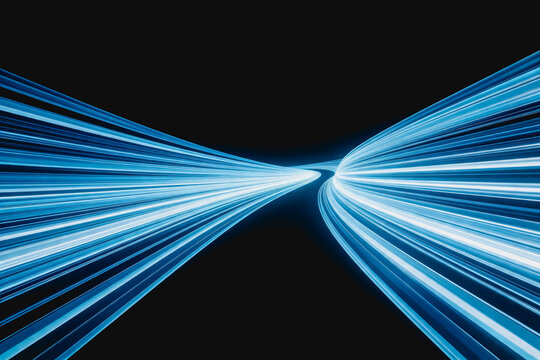 Dynamic glowing blue light streaks curve across a dark background, conveying a sense of high speed and digital motion.