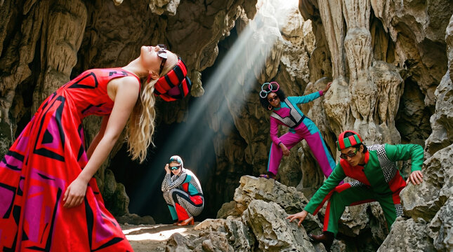 Fashion show in cave with people wearing colorful outfits and sunglasses during daylight hours in natural light