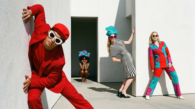 Fashion event features diverse models showcasing colorful outfits in a modern setting with playful poses and unique accessories in daylight