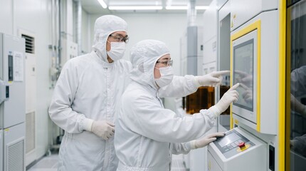 Fototapeta premium 半導体製造のクリーンルームで装置パネルを確認する女性作業員とOJTで指導する男性技術者
