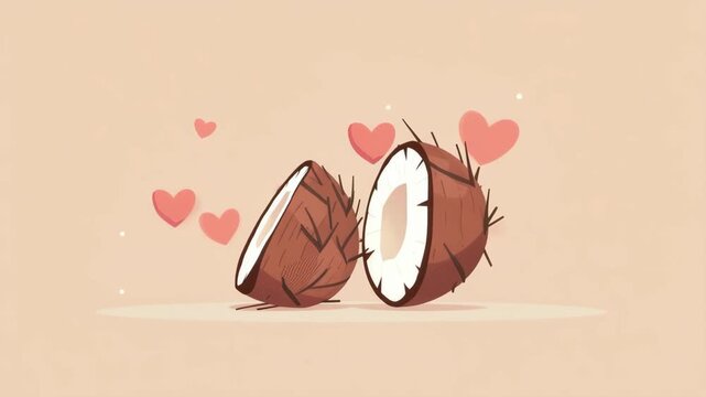 Cute coconut halves illustration with hearts