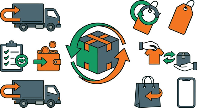 Reverse logistics vector icon set with e-commerce product returns package box delivery truck refund wallet and shopping bag