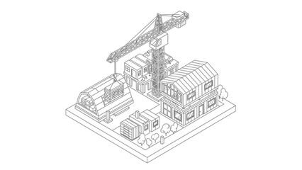 Fototapeta premium Isometric Construction Site Line Art with Tower Crane and Modern Buildings
