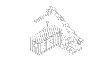 Fototapeta premium Isometric Mobile Crane Lifting Modular Container House Line Art