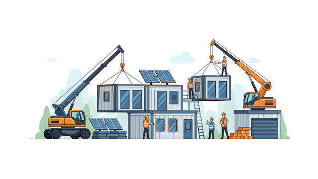 Modular Construction Site with Prefab Container Homes, Cranes, and Solar Panels Illustration