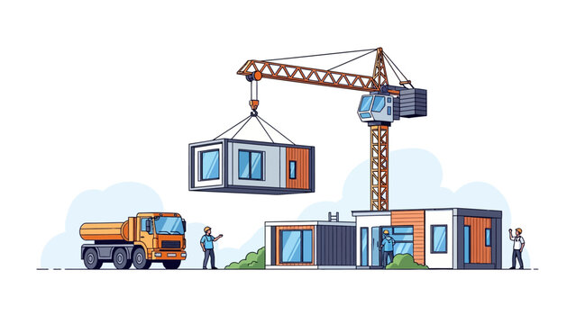 Modular House Construction Illustration with Tower Crane and Prefab Container Units