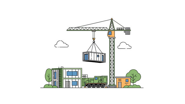 Modular construction site with tower crane lifting prefab container home unit