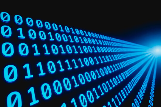 Glowing blue binary digits (0 and 1) arranged in receding rows on a dark surface, representing digital data and technology.